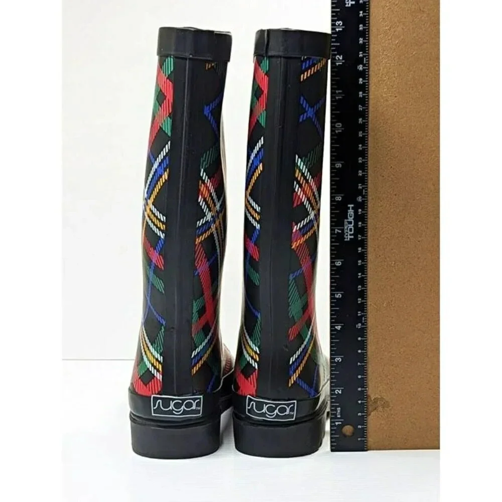 Sugar Raffle 4 Women's Waterproof Tall Rain Boots Plaid Size 9 M (MSRP $70)